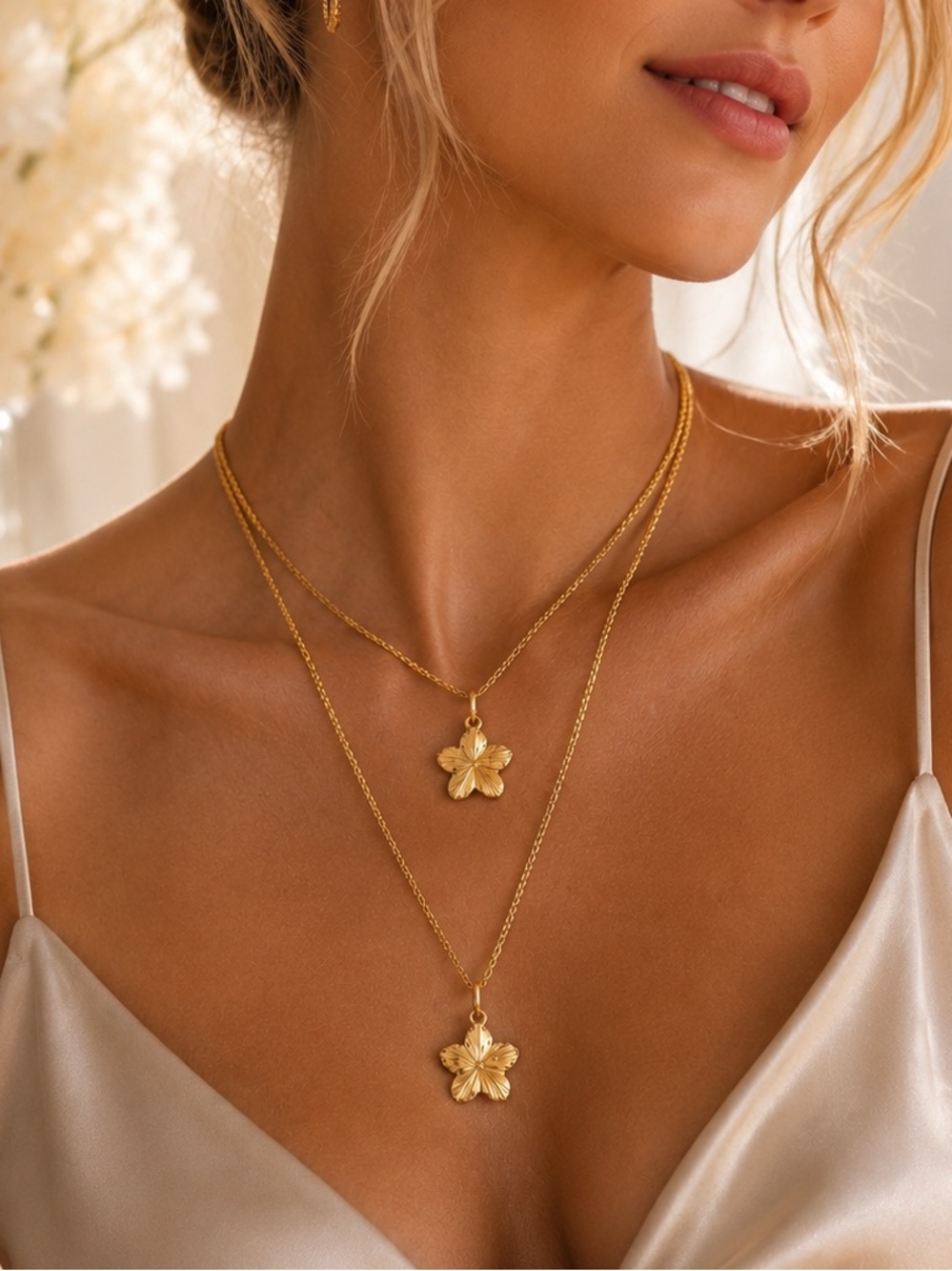 Gold Layered Floral Pendant Necklace Set